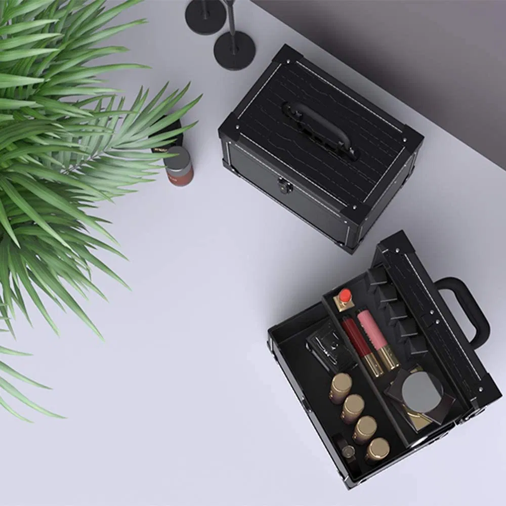 Caja de maquillaje de cuero con cerradura, estuche de belleza de viaje, maletín cosmético