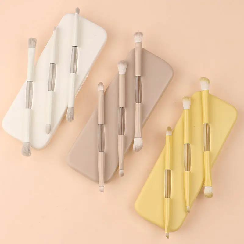 Herramienta de Maquillaje Portátil Espejo Plegable 3 Juego de Brochas de Maquillaje de Doble Cabeza Brocha Detalle para Ojos Brocha para Labios Brocha para Teñir Halo Brocha para Sombra de Ojos