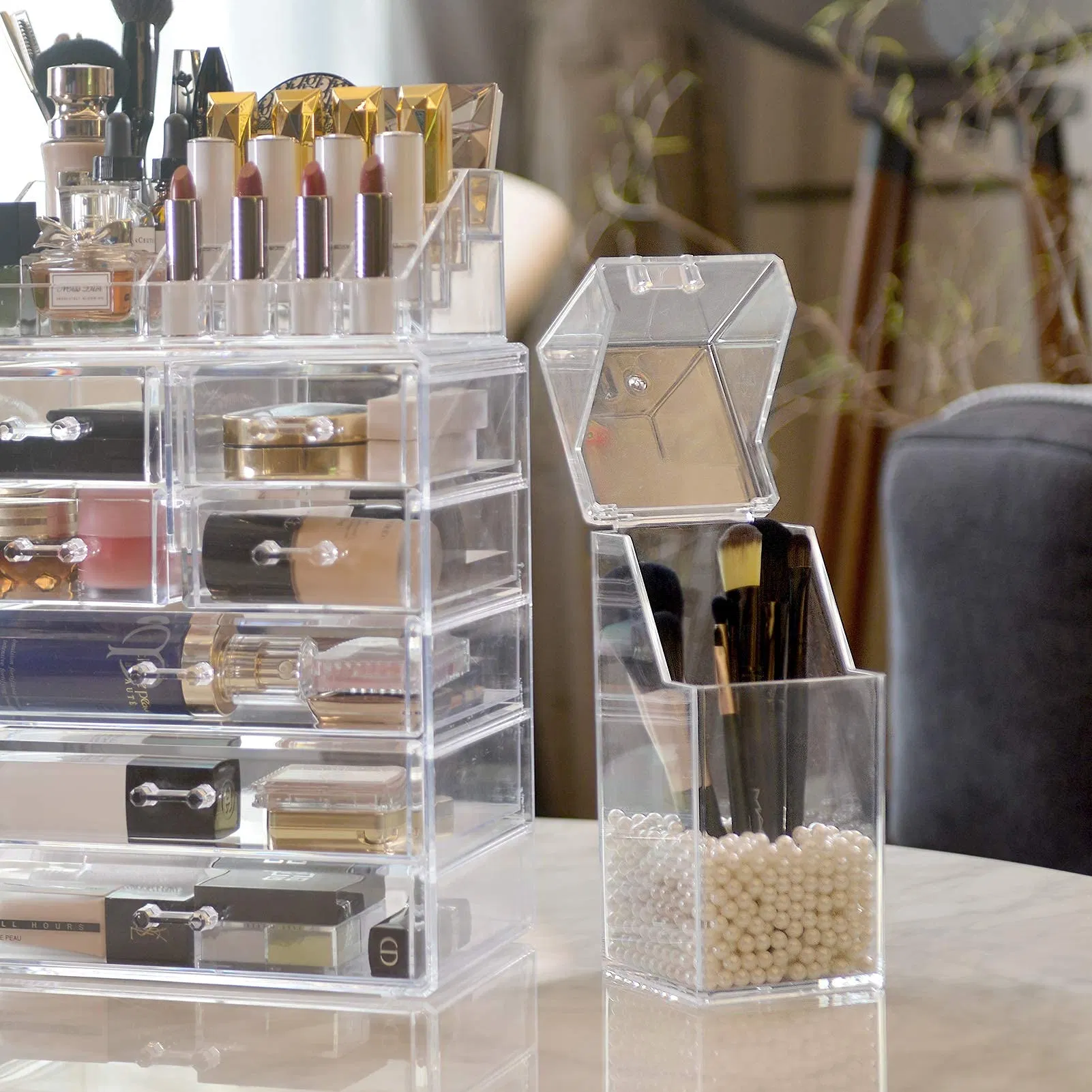 Organizador de Brochas de Maquillaje, Almacenamiento de Brochas de Cosméticos a Prueba de Polvo con Perlas Blancas