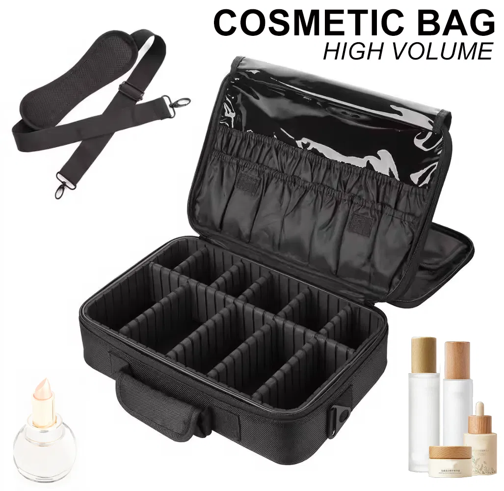 Estuche cosmético portátil negro con soporte para brochas y almacenamiento