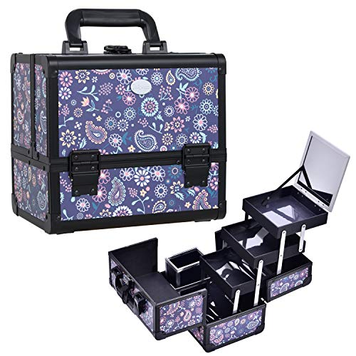 Estuche de Maquillaje con Espejo 3-Tier Bandejas Estuche de Entrenamiento Organizador de Cosméticos de Viaje Bloqueable Portátil con Soporte para Brochas Púrpura