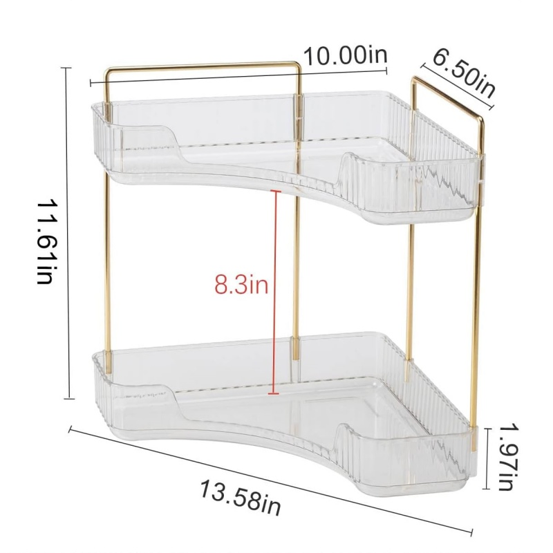 2-Tier Bandeja de tocador para perfumes en el baño, estante de esquina organizador con soporte para brochas de maquillaje