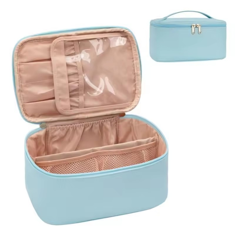 Bolsa de maquillaje de viaje de nylon bordada con cremallera y organizador de cosméticos