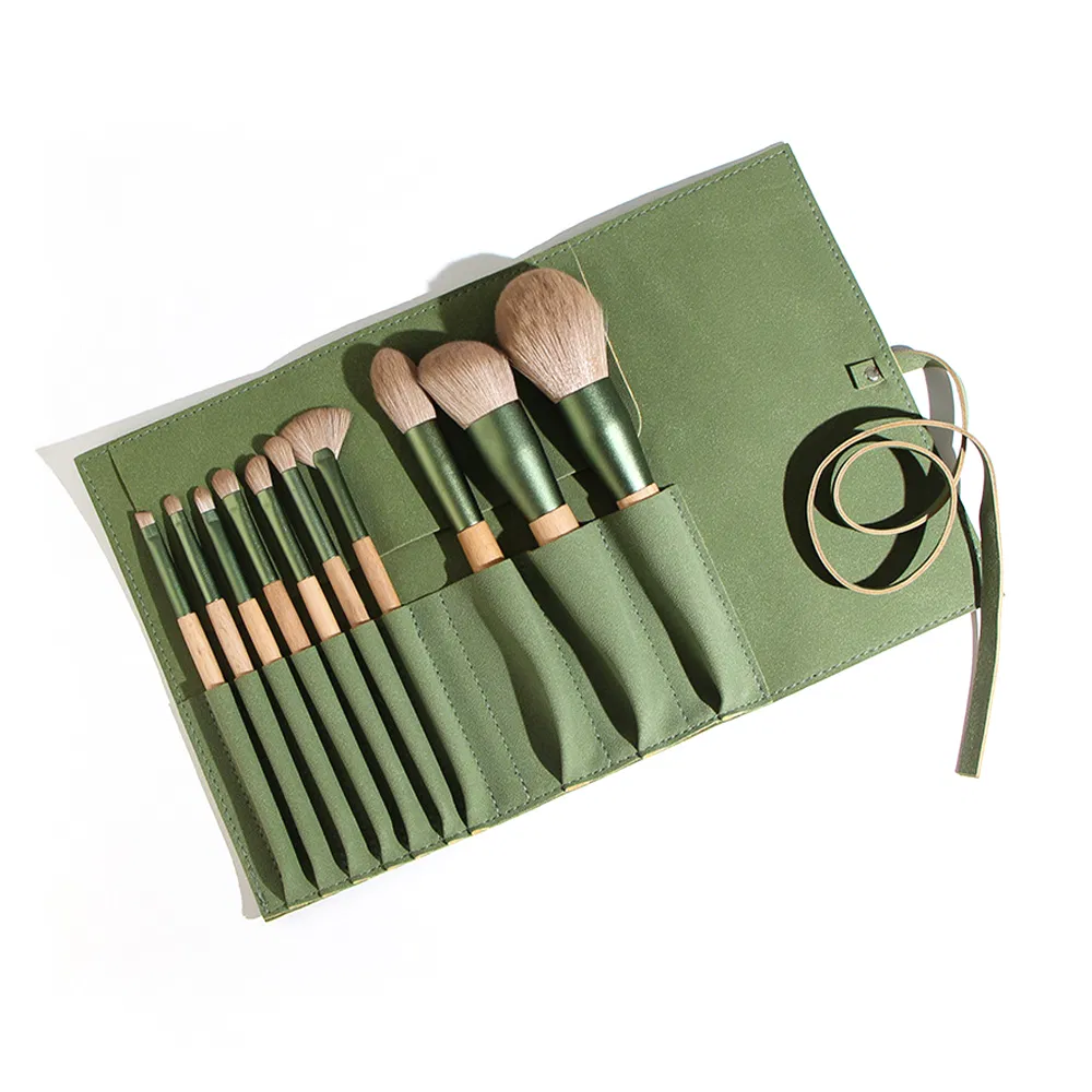 10PCS Juego de Brochas de Maquillaje para Ojos con Mango de Madera, Polvo de Rubor, Brocha Kabuki con Bolsa