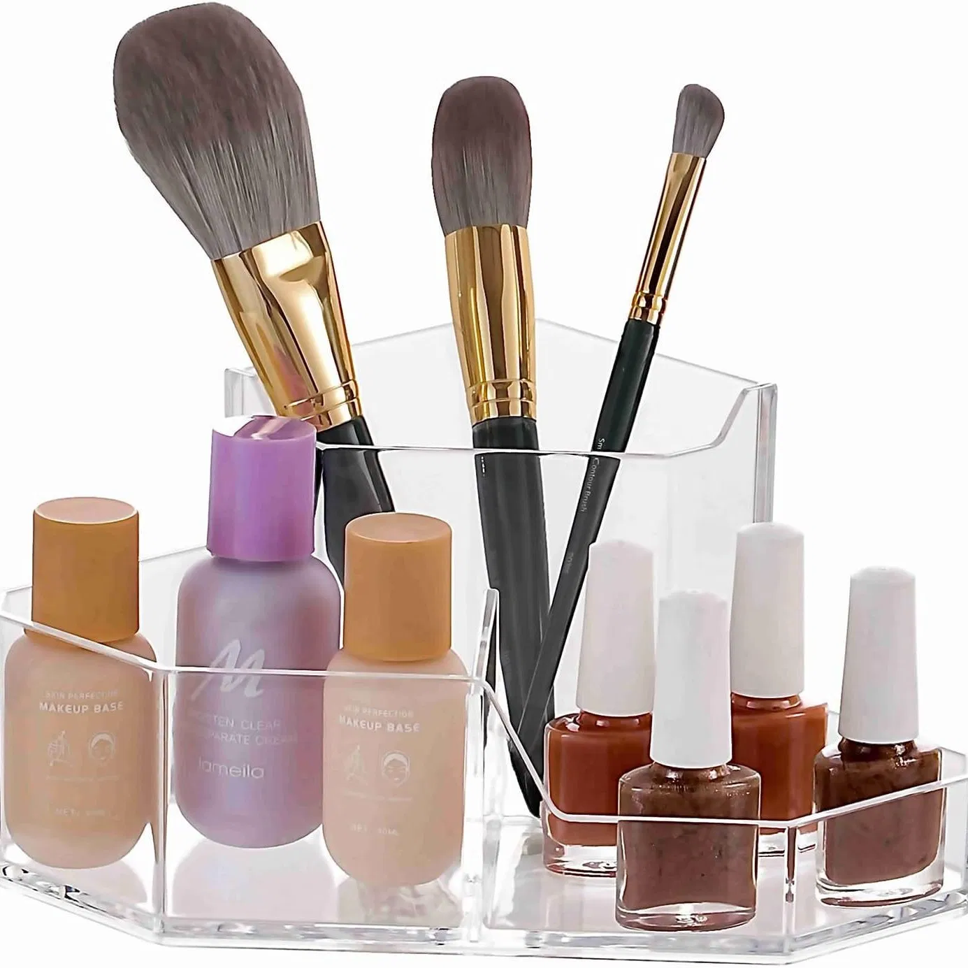 Caja de almacenamiento para brochas de maquillaje de acrílico con tres compartimentos organizador de lápices
