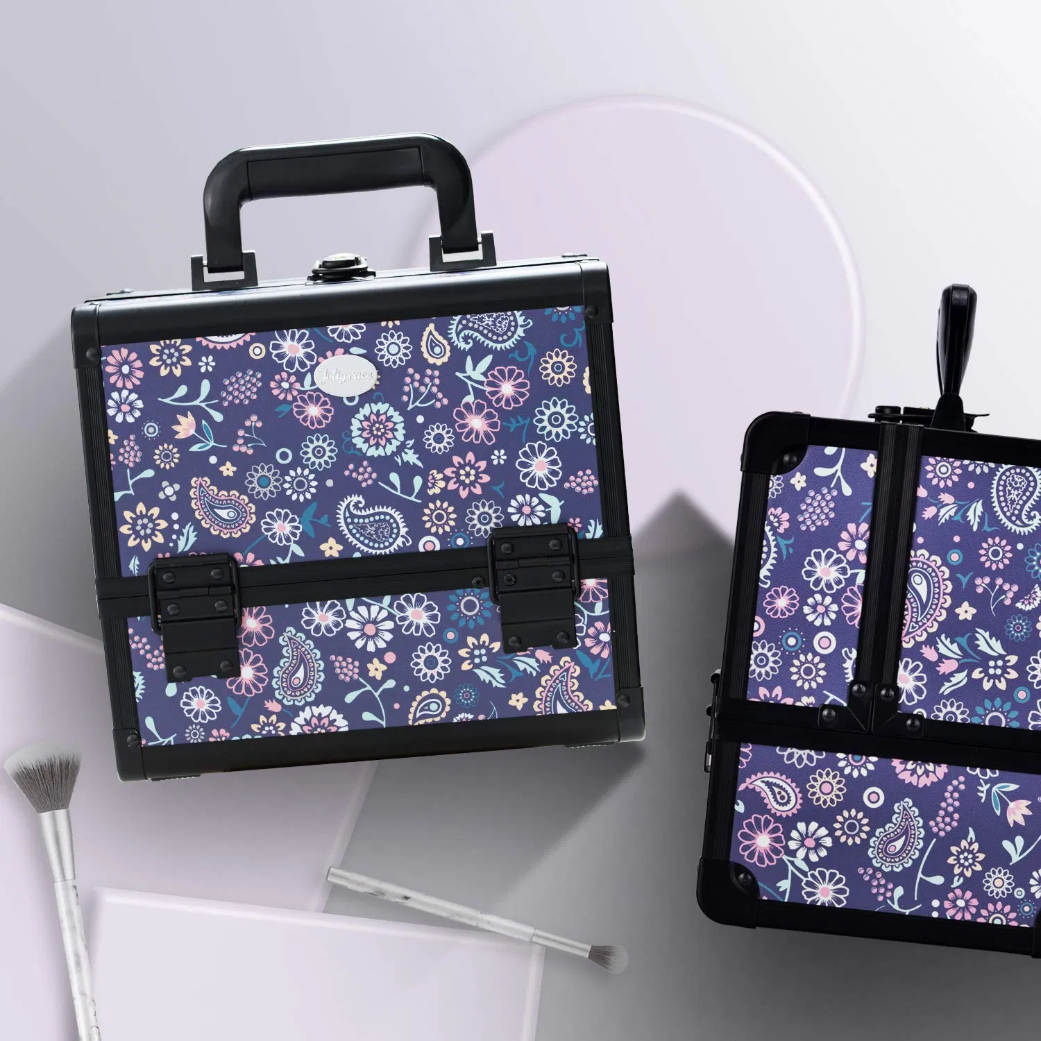 Estuche de Maquillaje con Espejo 3-Tier Bandejas Estuche de Entrenamiento Organizador de Cosméticos de Viaje Bloqueable Portátil con Soporte para Brochas Púrpura