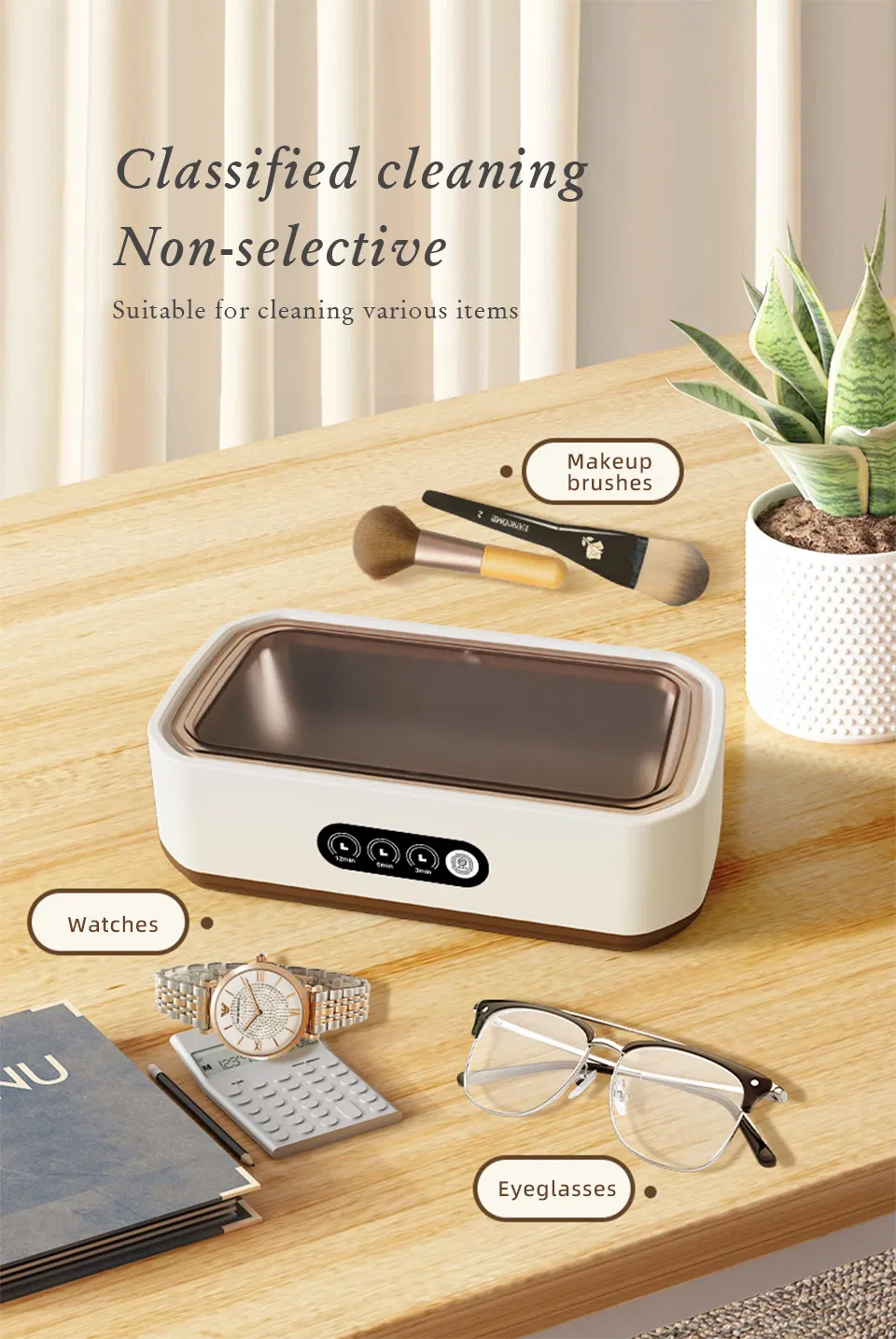 Limpiador ultrasónico mini para brochas de maquillaje, gafas, joyas, dentaduras y relojes