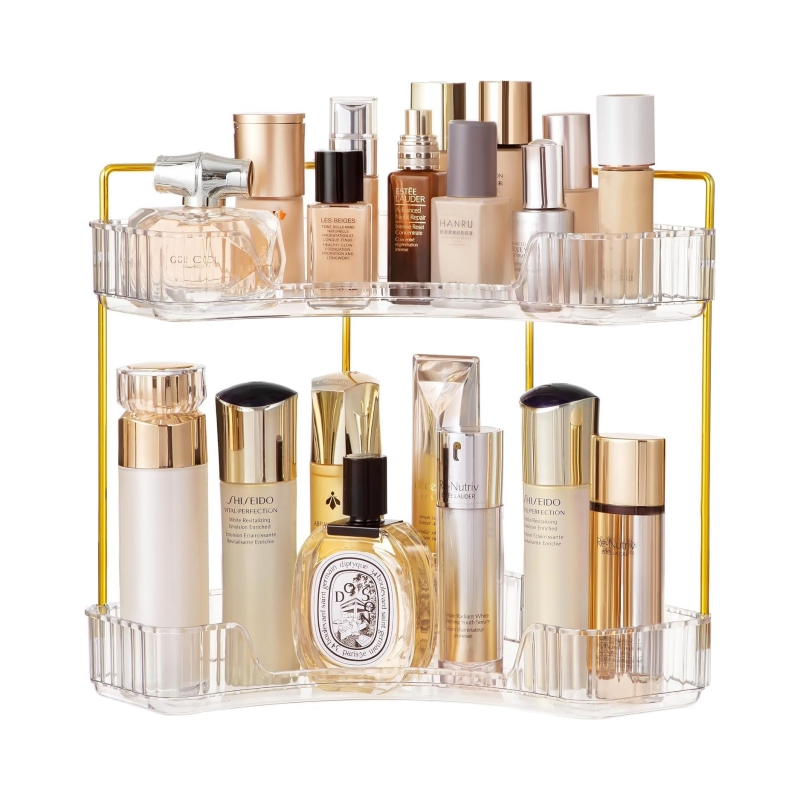 2-Tier Bandeja de tocador para perfumes en el baño, estante de esquina organizador con soporte para brochas de maquillaje