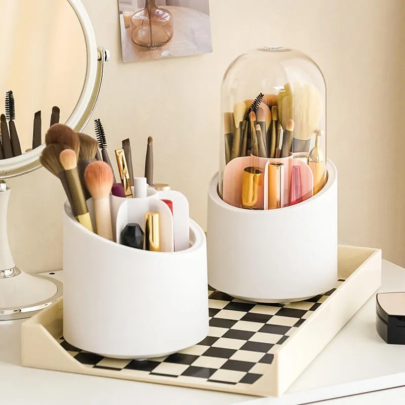 Organizador giratorio a prueba de polvo para brochas de maquillaje con compartimento para lápices