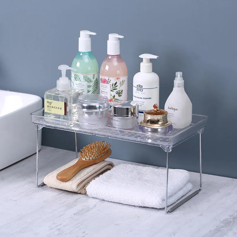 Organizador de almacenamiento para baño con estante apilable transparente, pies antideslizantes