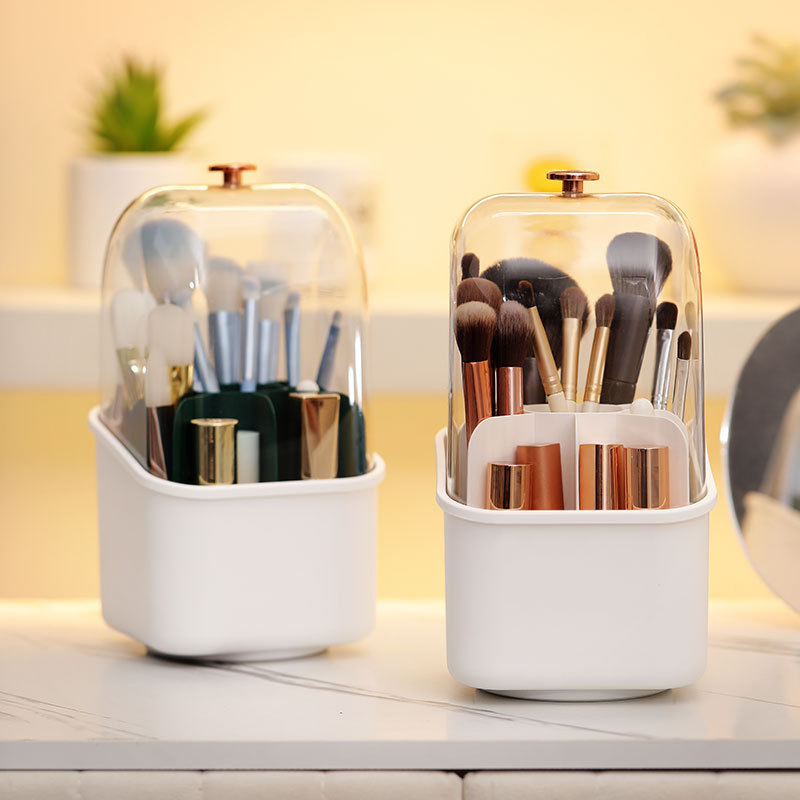 Organizador giratorio a prueba de polvo para brochas de maquillaje con compartimento para lápices