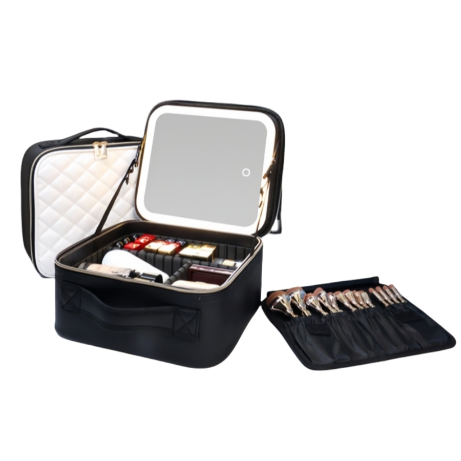 Caja de cosméticos para maquillaje de moda femenina de uso doméstico con cepillos, maleta de viaje con espejo de luz LED