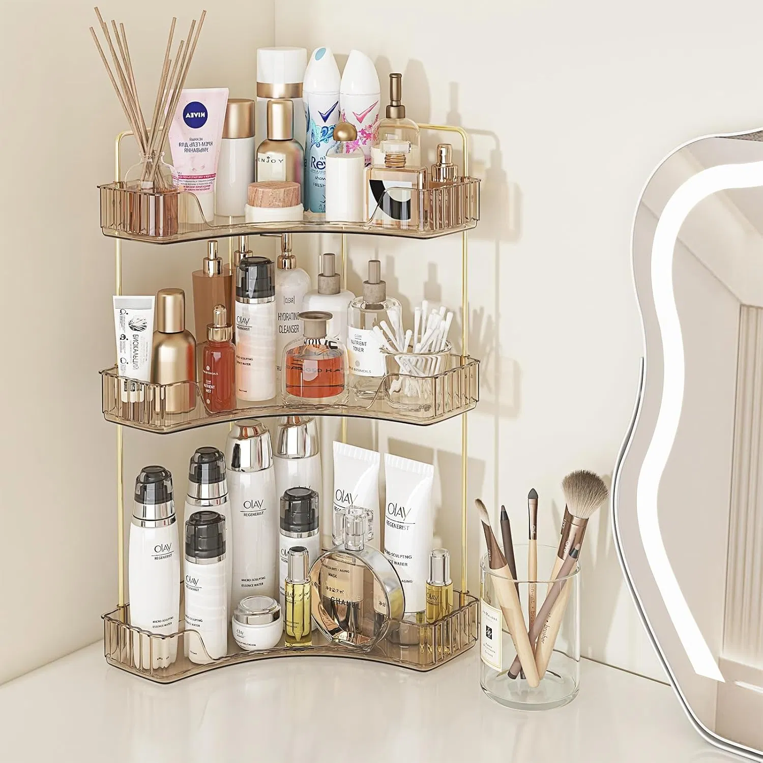 2-Tier Bandeja de tocador para perfumes en el baño, estante de esquina organizador con soporte para brochas de maquillaje