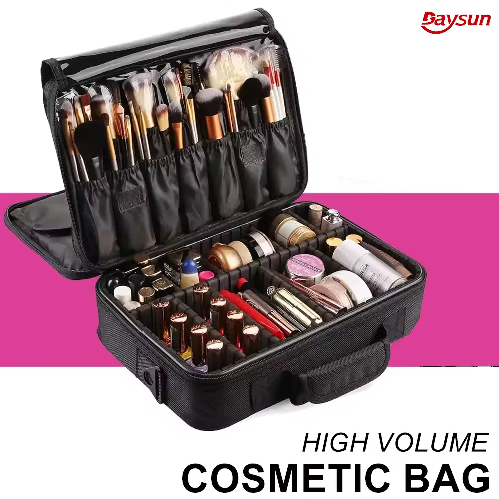 Estuche cosmético portátil negro con soporte para brochas y almacenamiento