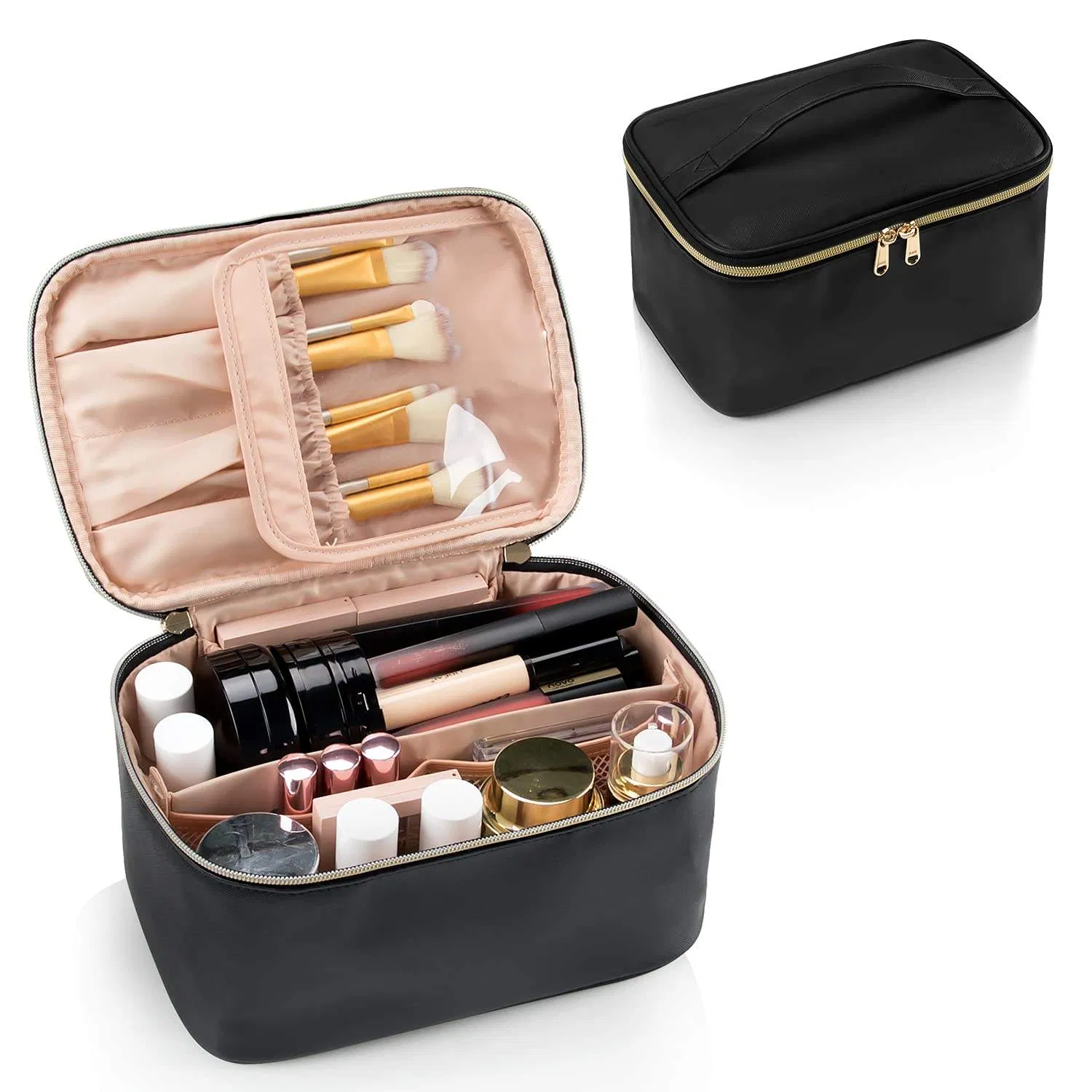 Bolsa de maquillaje de viaje de nylon bordada con cremallera y organizador de cosméticos