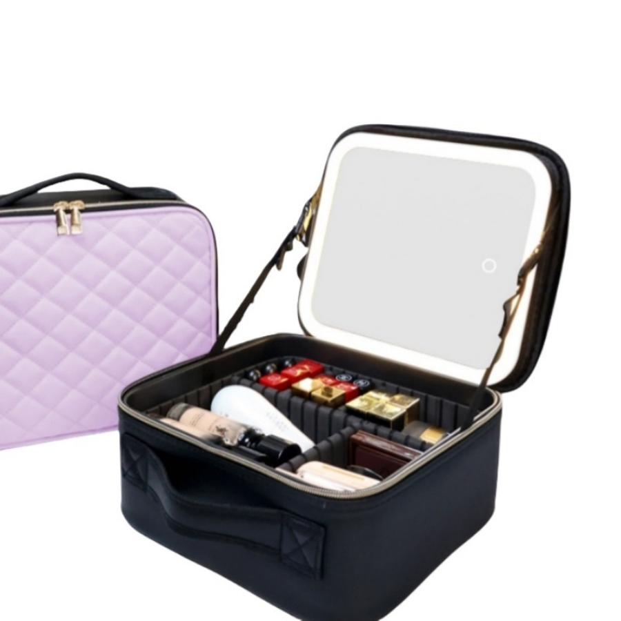 Caja de cosméticos para maquillaje de moda femenina de uso doméstico con cepillos, maleta de viaje con espejo de luz LED