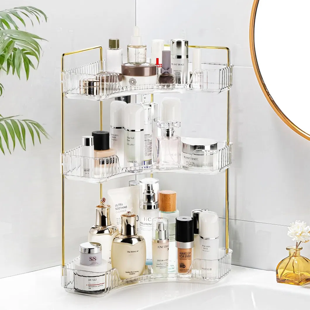 2-Tier Bandeja de tocador para perfumes en el baño, estante de esquina organizador con soporte para brochas de maquillaje