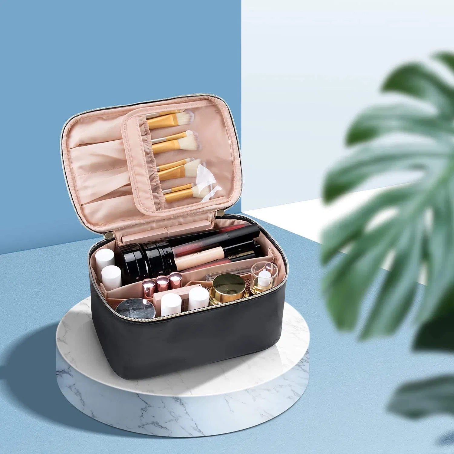 Bolsa de maquillaje de viaje de nylon bordada con cremallera y organizador de cosméticos