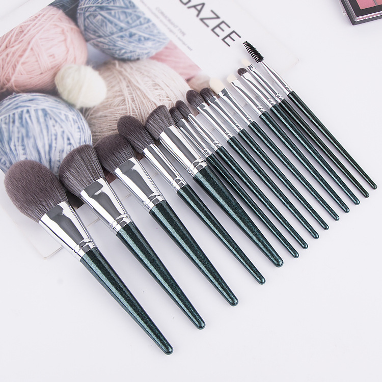 Nuevo al por mayor 14PCS juego de brochas de maquillaje de color verde oscuro para el rostro y los ojos con mango de madera de pelo sintético