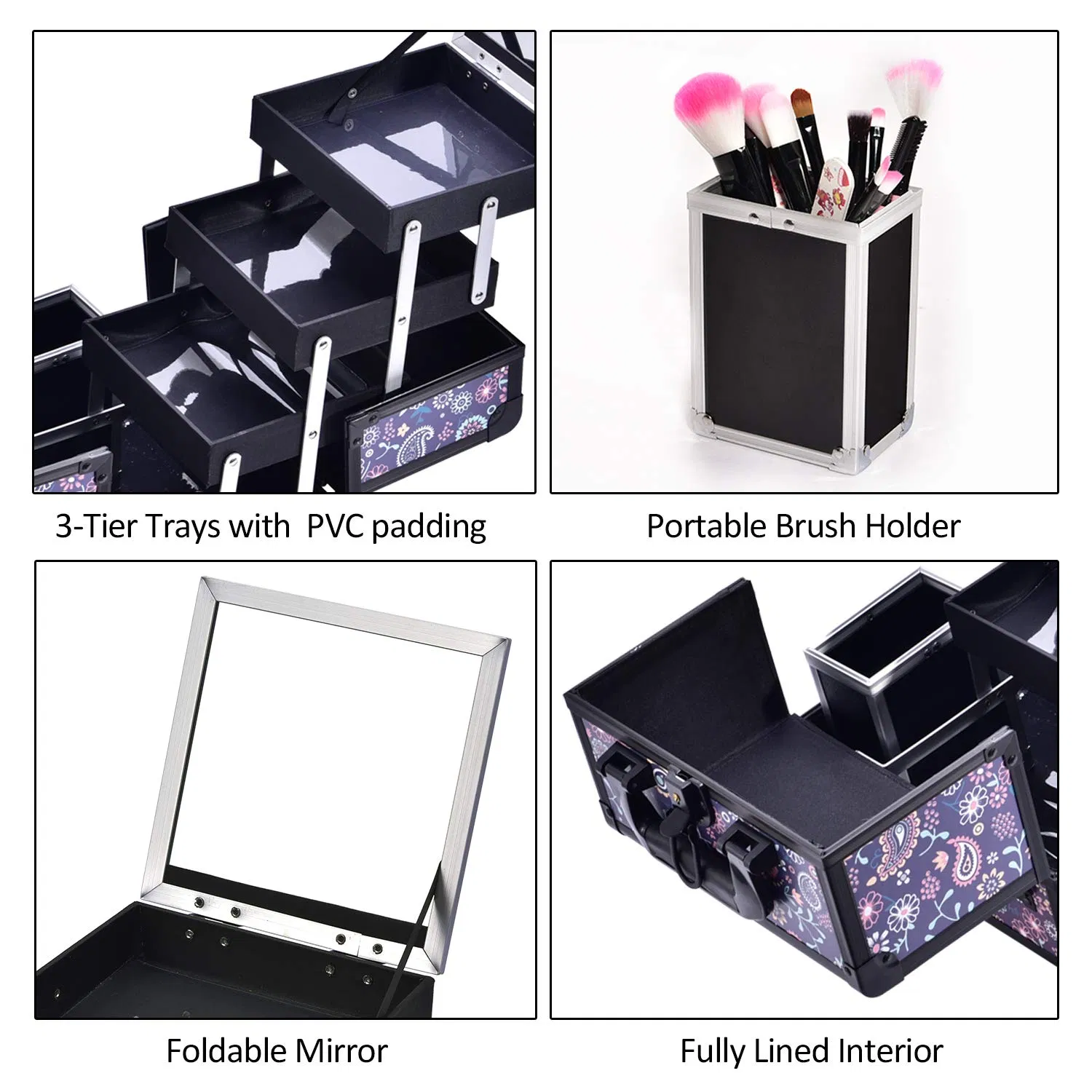 Estuche de Maquillaje con Espejo 3-Tier Bandejas Estuche de Entrenamiento Organizador de Cosméticos de Viaje Bloqueable Portátil con Soporte para Brochas Púrpura