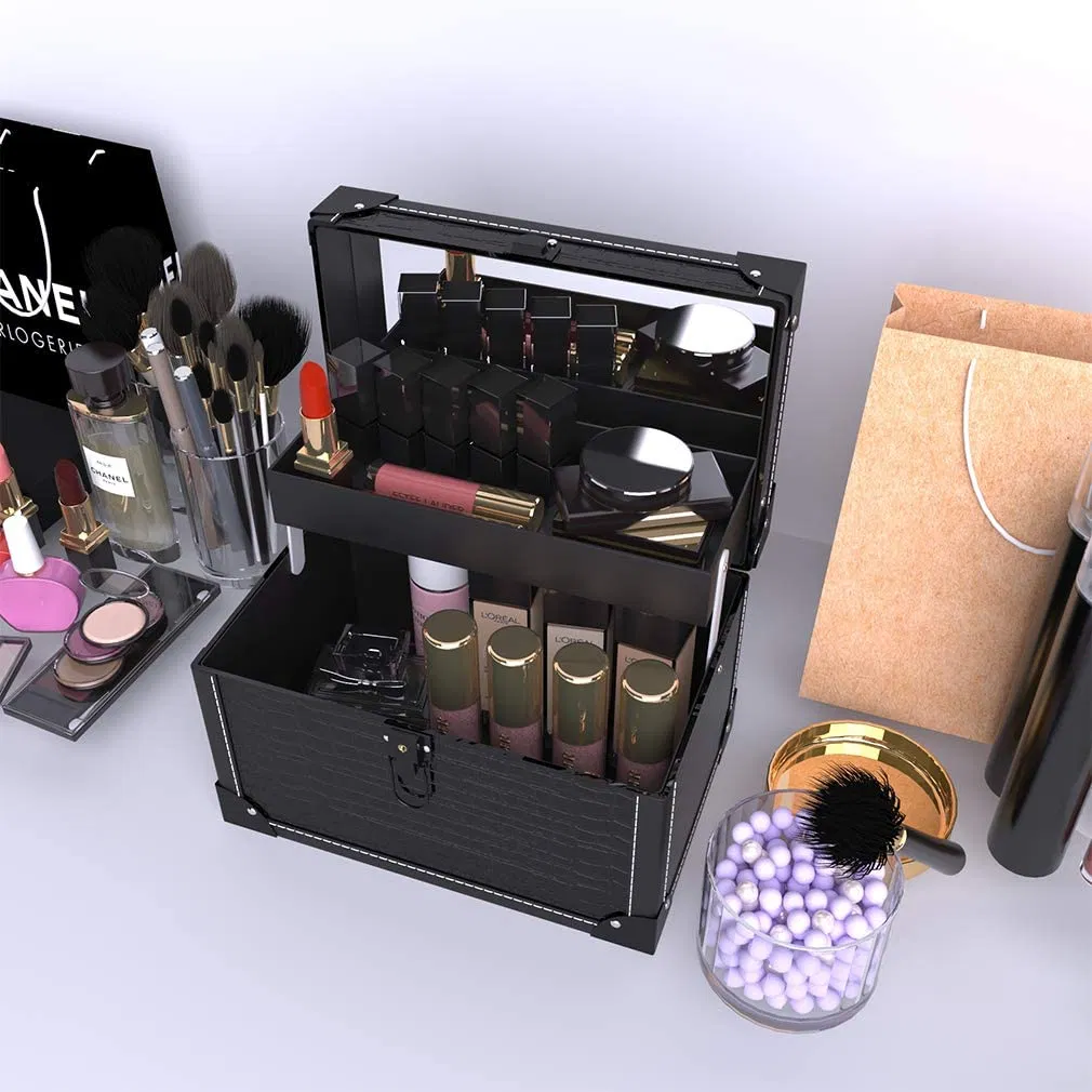 Caja de maquillaje de cuero con cerradura, estuche de belleza de viaje, maletín cosmético
