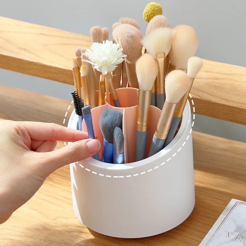 Organizador giratorio a prueba de polvo para brochas de maquillaje con compartimento para lápices