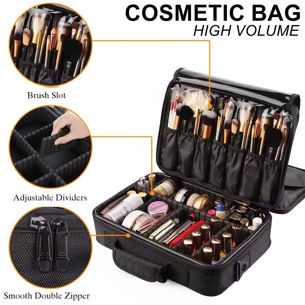 Estuche cosmético portátil negro con soporte para brochas y almacenamiento
