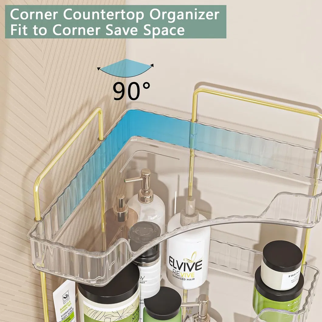 2-Tier Bandeja de tocador para perfumes en el baño, estante de esquina organizador con soporte para brochas de maquillaje