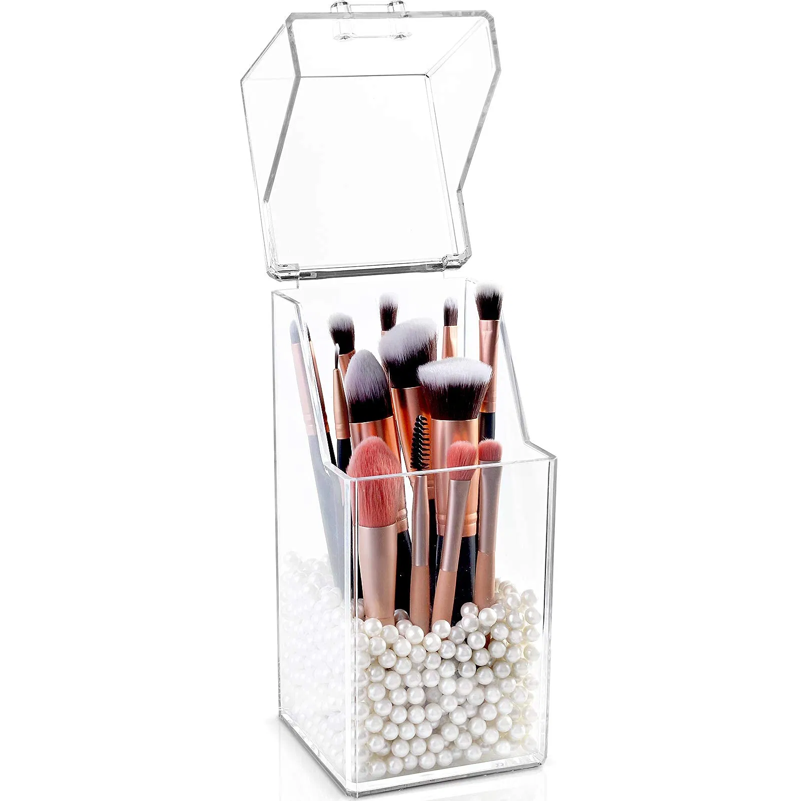 Organizador de Brochas de Maquillaje, Almacenamiento de Brochas de Cosméticos a Prueba de Polvo con Perlas Blancas