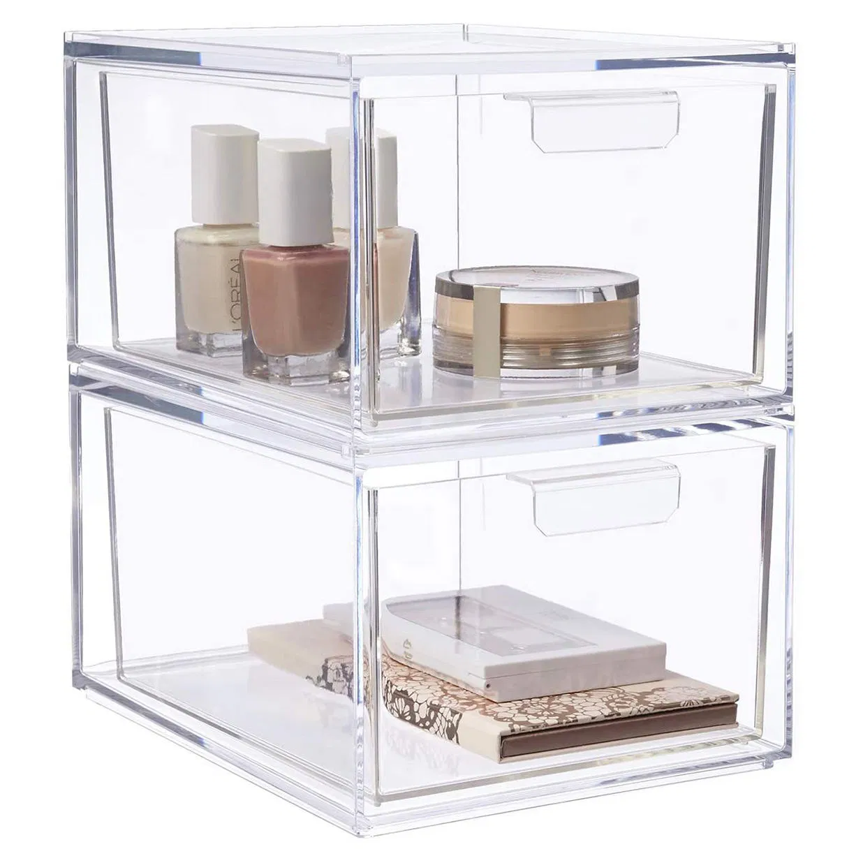 Conjuntos de cajas de maquillaje de acrílico transparente multipropósito, cajones de almacenamiento de plástico apilables, organizador de cosméticos