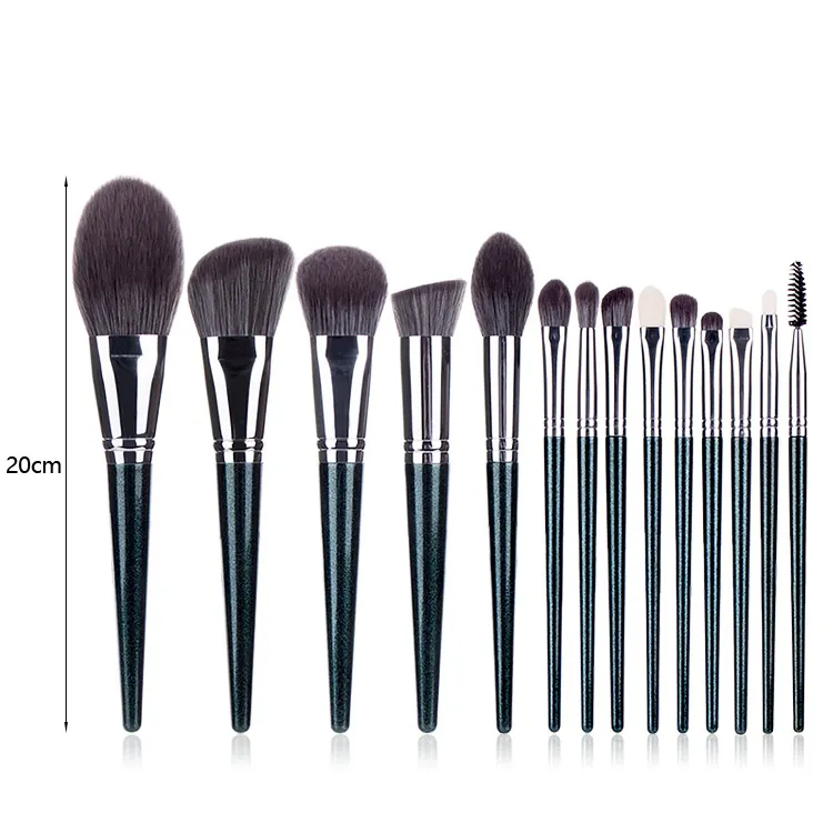 Nuevo al por mayor 14PCS juego de brochas de maquillaje de color verde oscuro para el rostro y los ojos con mango de madera de pelo sintético