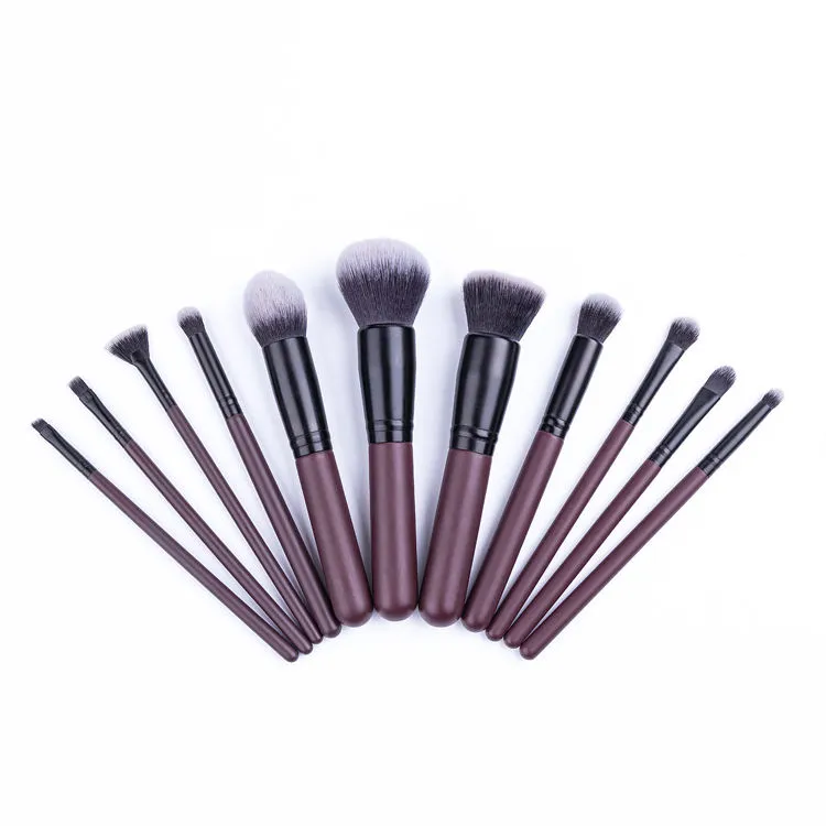 11PCS Conjunto de brochas de maquillaje de pelo sintético suave y denso para rostro/ojos con mango de madera