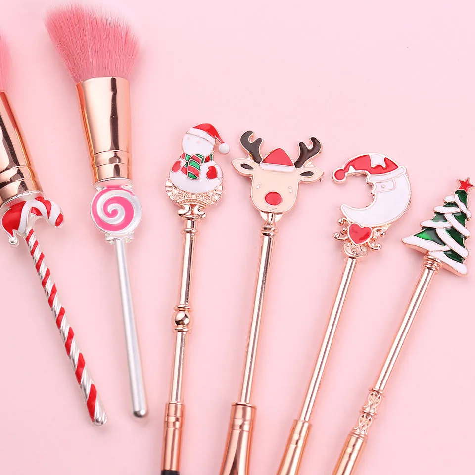 Conjunto de Pinceles de Maquillaje de Navidad 6 PCS Diseño Festivo Dorado Libre de Crueldad Sintético Multifuncional para la Cara y los Ojos Caja de Regalo
