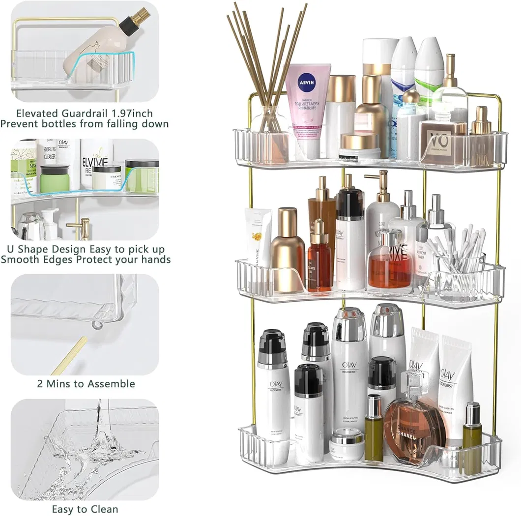 2-Tier Bandeja de tocador para perfumes en el baño, estante de esquina organizador con soporte para brochas de maquillaje