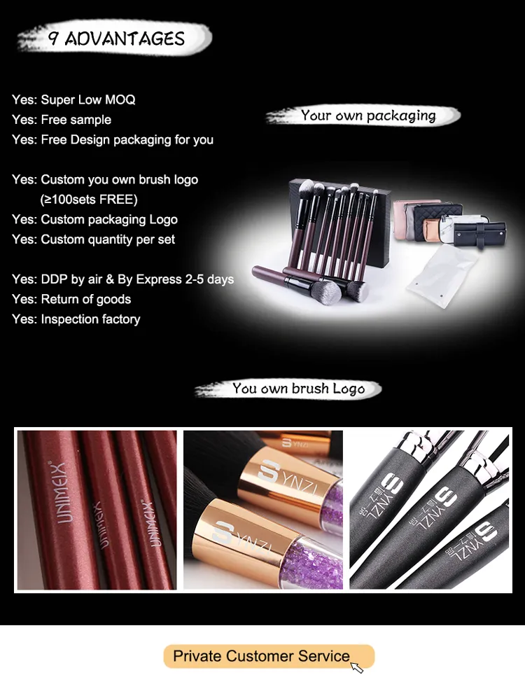 11PCS Conjunto de brochas de maquillaje de pelo sintético suave y denso para rostro/ojos con mango de madera