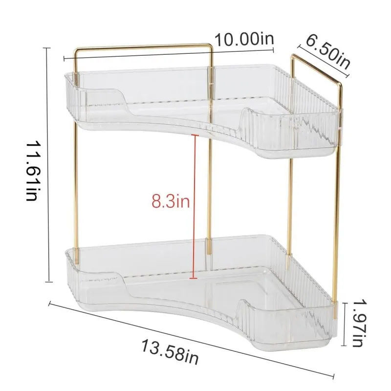 2-Tier Bandeja de tocador para perfumes en el baño, estante de esquina organizador con soporte para brochas de maquillaje
