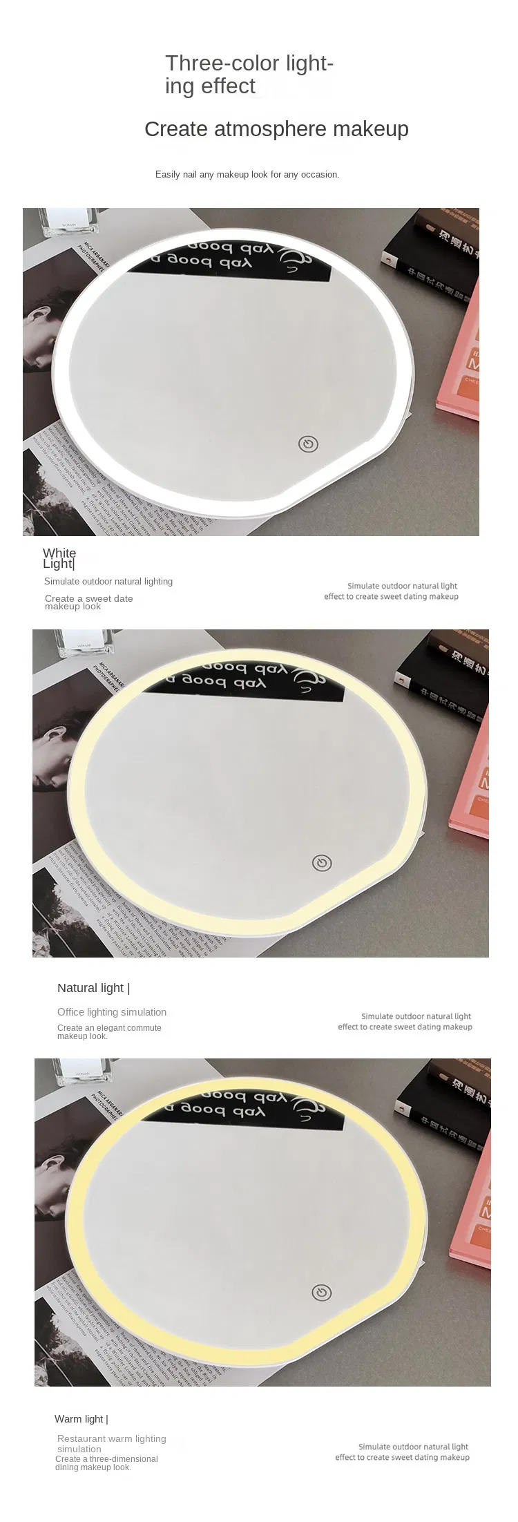 Estuche de almacenamiento para espejo LED redondo portátil de viaje