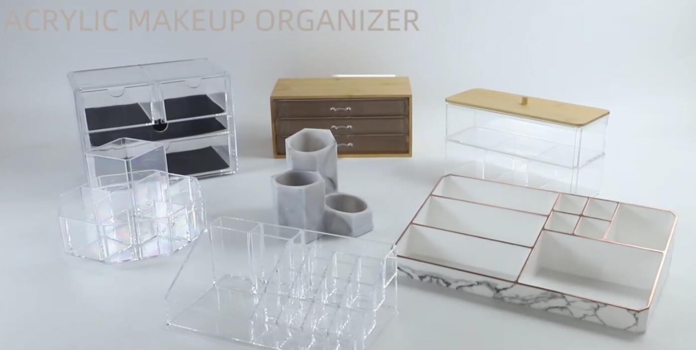 Organizador de Maquillaje Acrílico 4 Compartimentos Organizador Cosmético Caja de Almacenamiento Soporte para Brochas Lápiz Perfume Loción Tocador Transparente