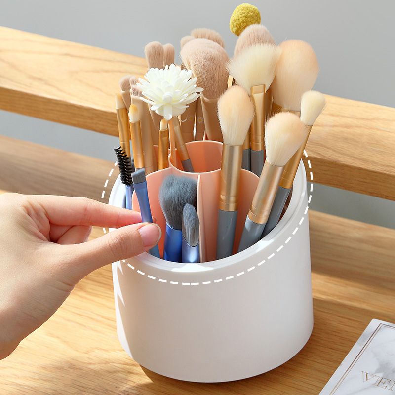 Organizador giratorio a prueba de polvo para brochas de maquillaje con compartimento para lápices