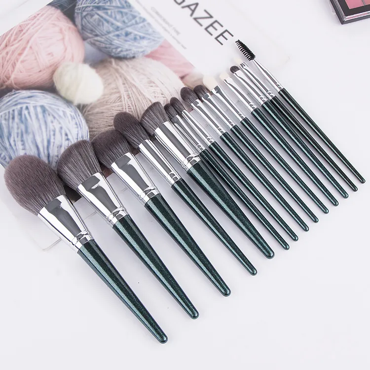 Nuevo al por mayor 14PCS juego de brochas de maquillaje de color verde oscuro para el rostro y los ojos con mango de madera de pelo sintético