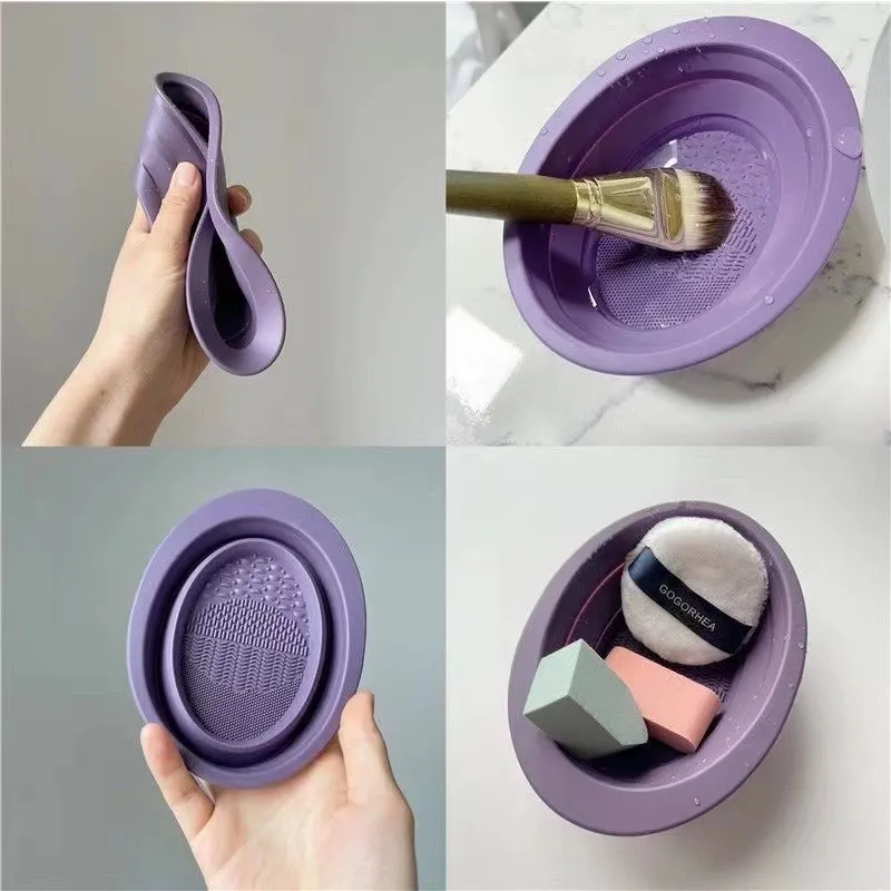 Utensilios domésticos eficientes para herramientas de belleza, tazón limpiador de brochas de maquillaje de silicona plegable