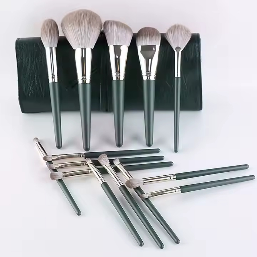 Logo OEM 14 Juego de Brochas Cosméticas Profesional Verde Brillante para Polvos Brochas de Maquillaje