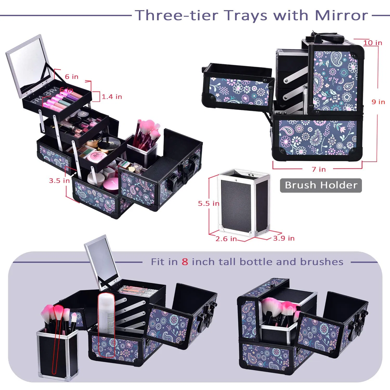 Estuche de Maquillaje con Espejo 3-Tier Bandejas Estuche de Entrenamiento Organizador de Cosméticos de Viaje Bloqueable Portátil con Soporte para Brochas Púrpura