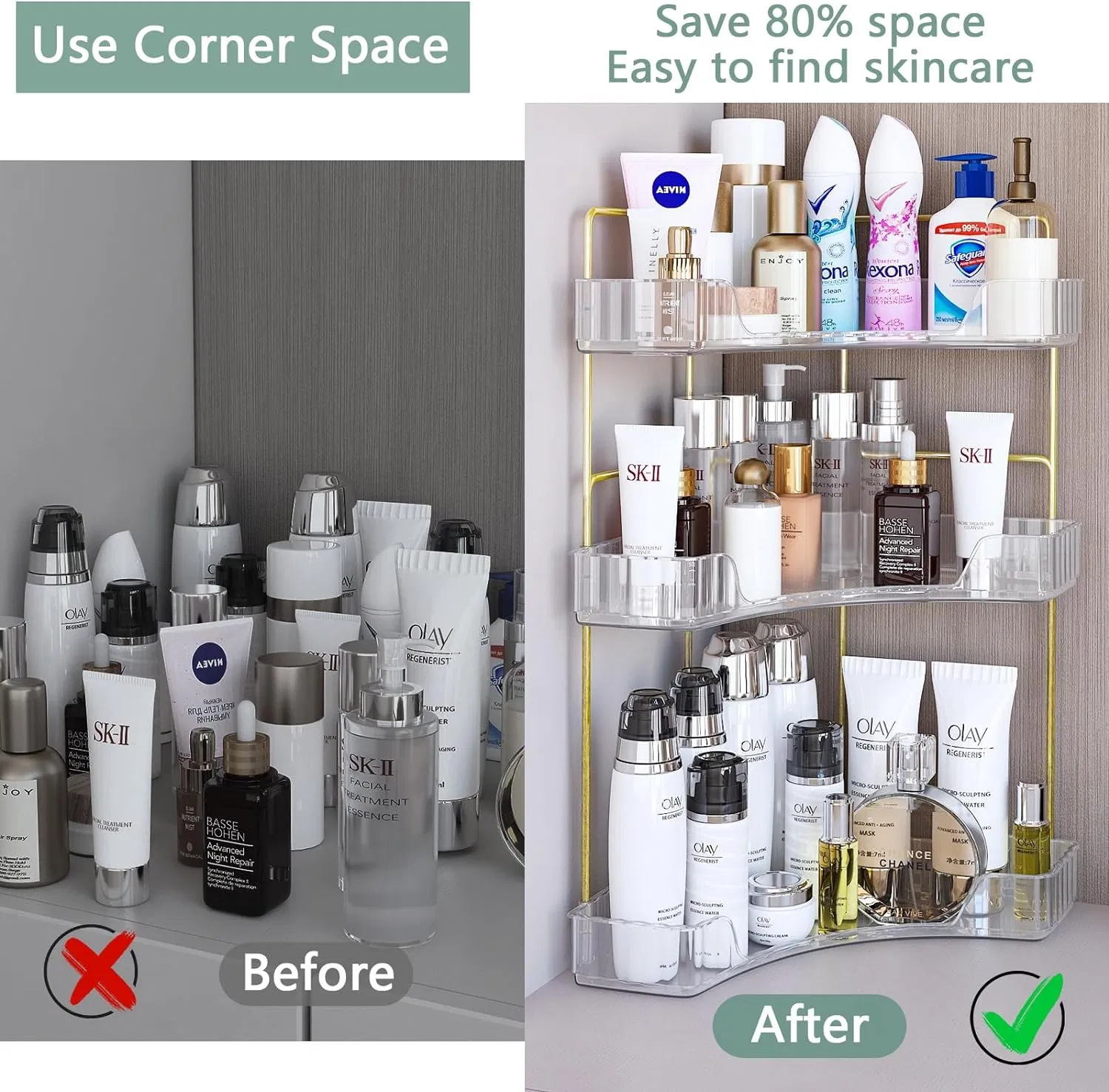 2-Tier Bandeja de tocador para perfumes en el baño, estante de esquina organizador con soporte para brochas de maquillaje