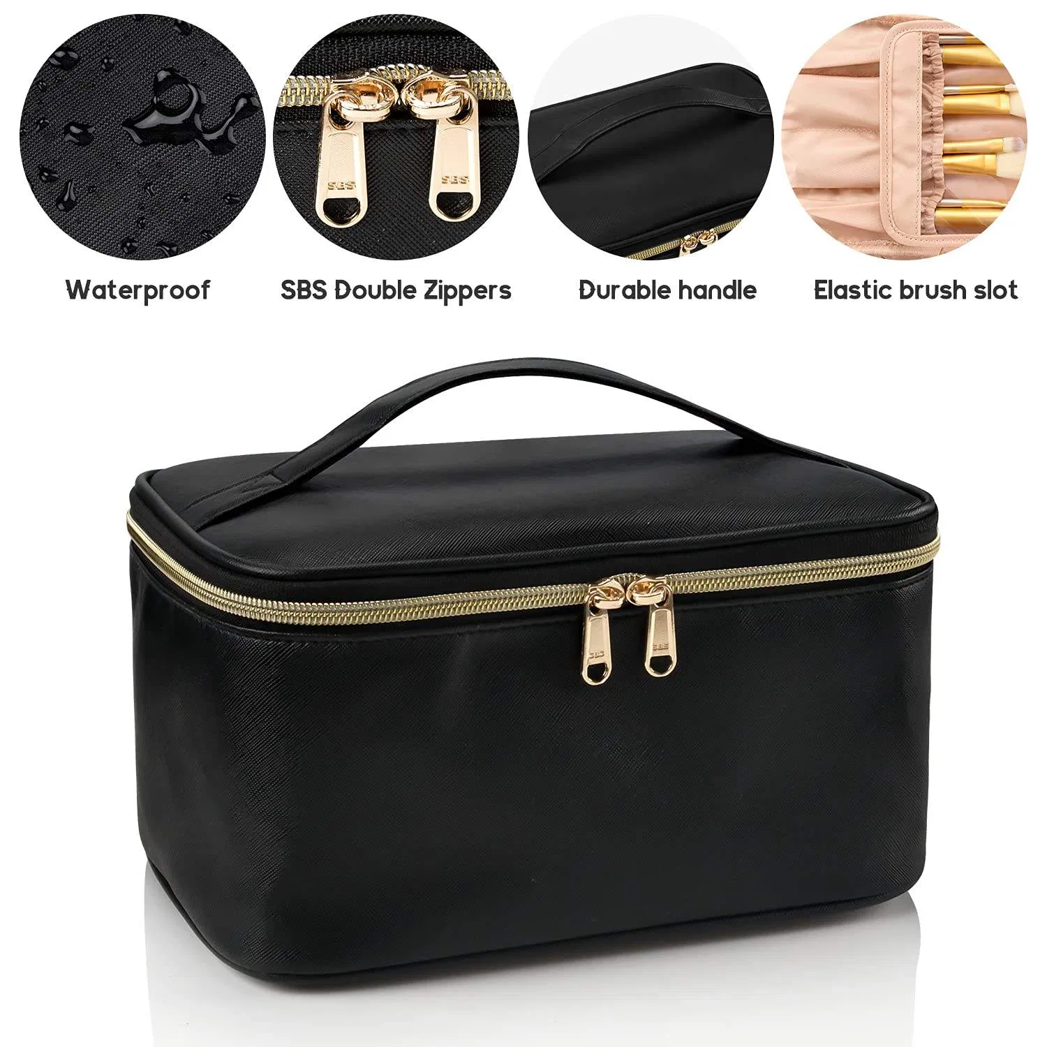 Bolsa de maquillaje de viaje de nylon bordada con cremallera y organizador de cosméticos