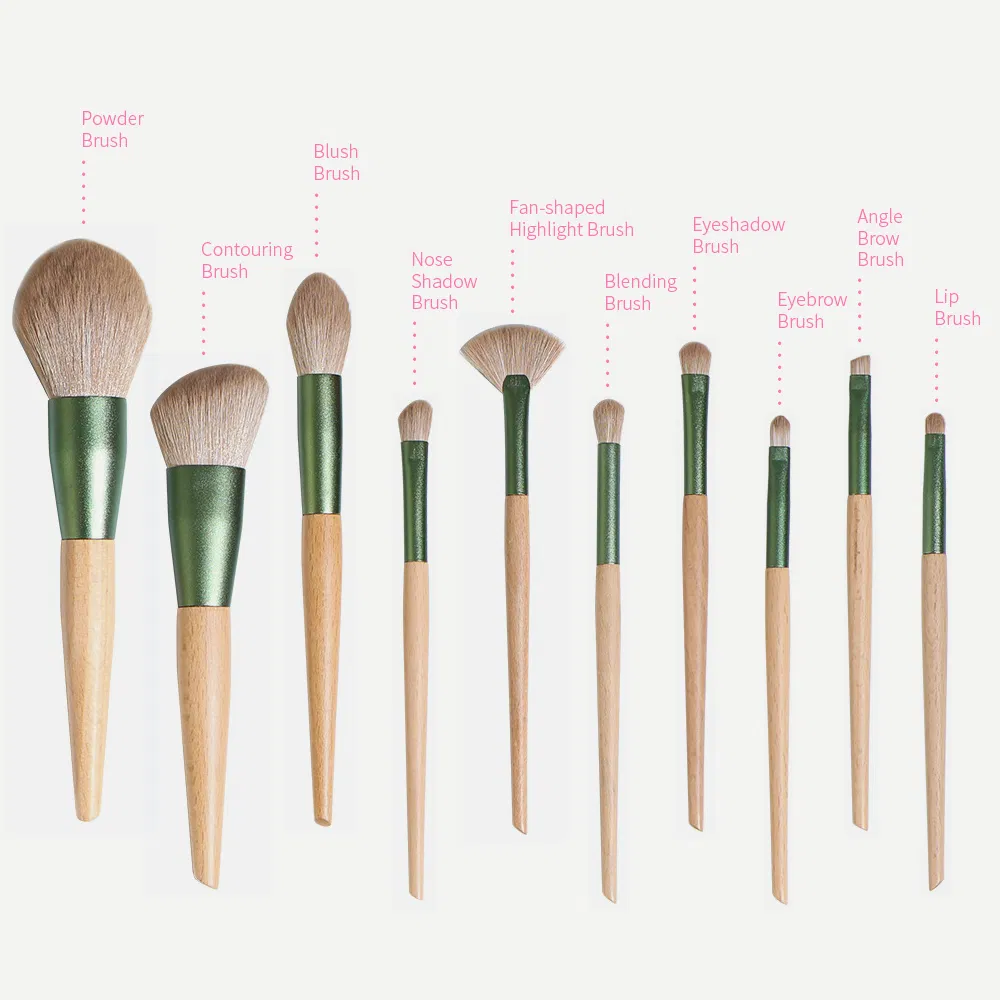 10PCS Juego de Brochas de Maquillaje para Ojos con Mango de Madera, Polvo de Rubor, Brocha Kabuki con Bolsa