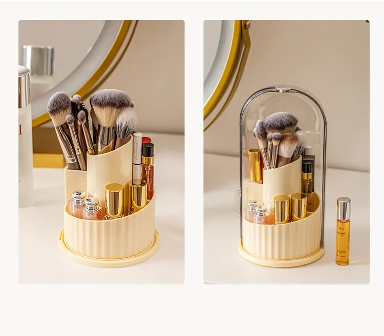 Caja de almacenamiento cosmético a prueba de polvo: gran capacidad, soporte giratorio a prueba de polvo para brochas de maquillaje, ideal como soporte para bolígrafos en el tocador
