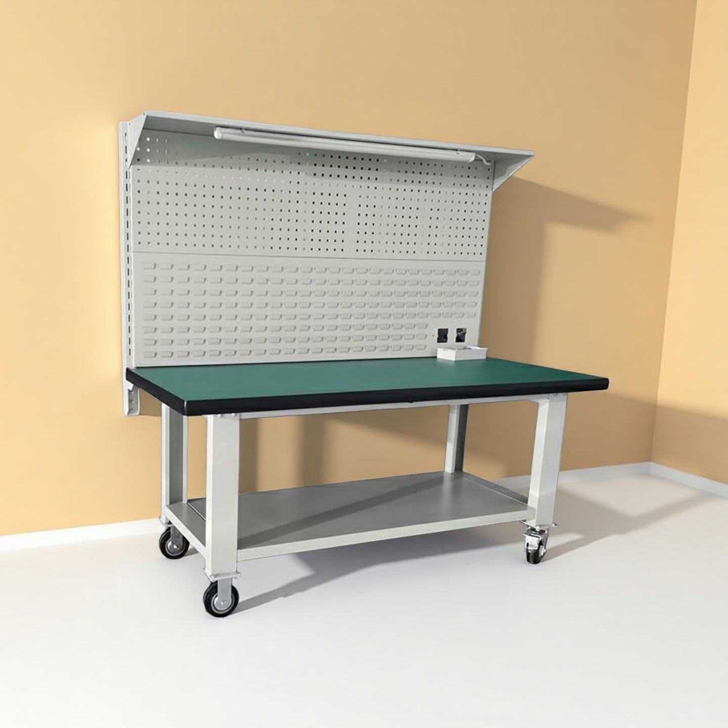 High Quality Professional Metal 2-Layer Workbench Adjustable Shelves Pegboard Heavy Duty Wheels 600KGS Load Garage Workshop