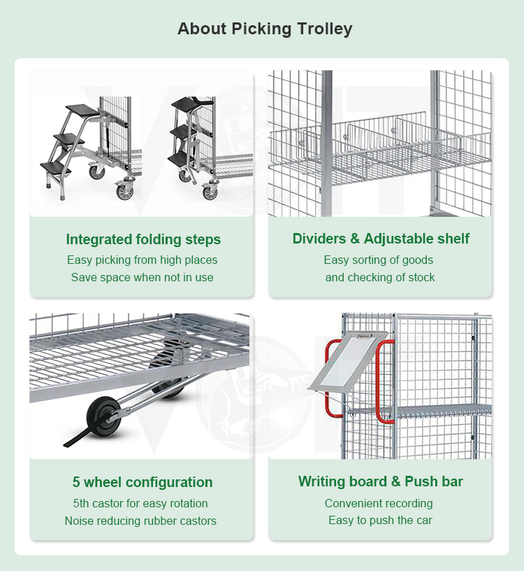 Ecommerce Multi Level Metal Shelf Picking Trolley With Folded Steps