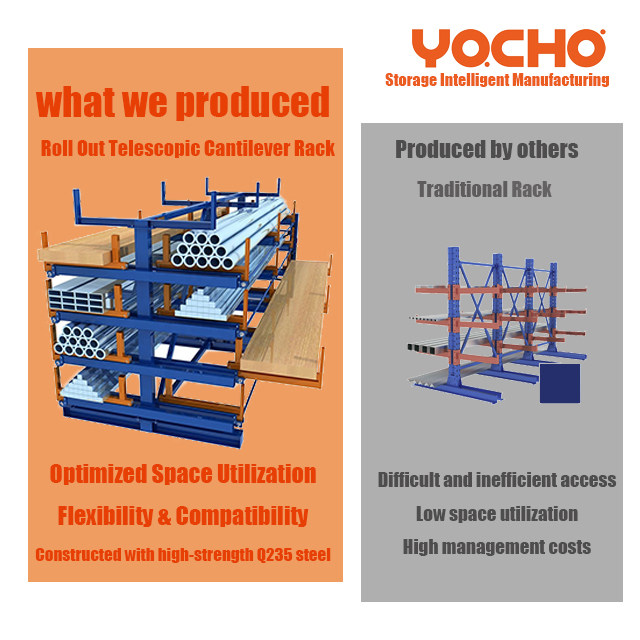 YOCHO High Load Capacity Telescopic Cantilever Rack Heavy Duty Steel Shelving Roll Out Cantilever Rack